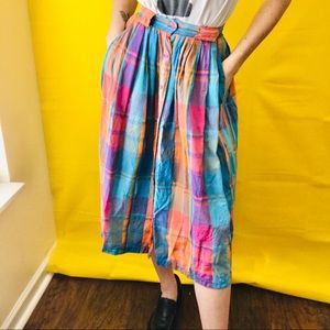 80s Pastel Plaid Midi Skirt Vtg Vintage 1980s